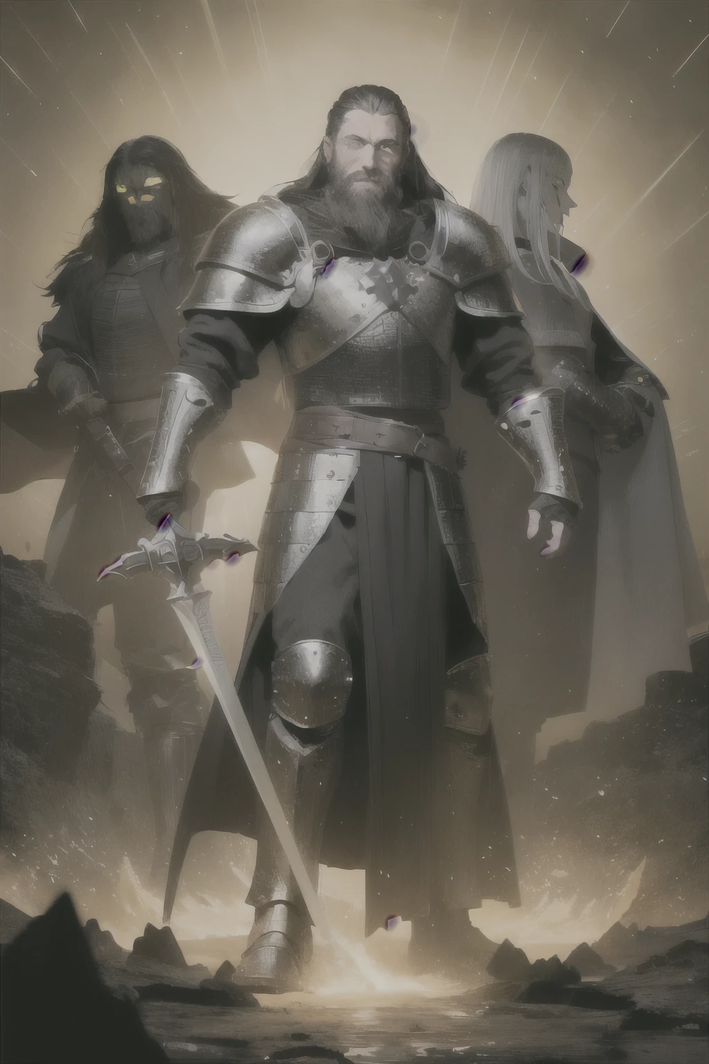 portrait of a man, wearing medieval clothing and armor, sword on his hips, holding his hand forward and earth flowing around his hand, poor clothing, ripped clothes, leg armor, beard, yellow glowing eyes, long beard, dark yellow sword, earth bender, earth magic, earth lord, yellow eyes, rocks, yellow, old, lord, armor legs, arrogant, scary, black armor, hand, yellow light, mountains background, slayer