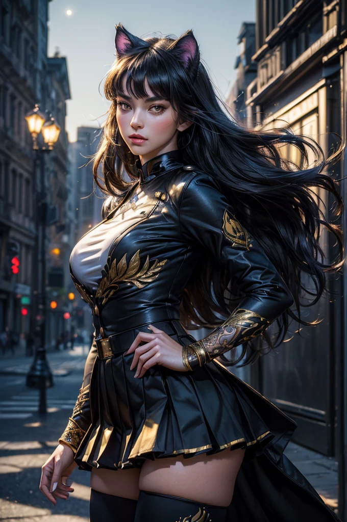 (masterpiece,stunning girlfriend, (standing:1.1), dynamic pose, heart shaped face, elegant face, beautiful face, highly detailed face, highly detailed skin, skin pores, subsurface scattering, realistic pupils, looking at viewer, full lips, detailed background, depth of field, atmospheric perspective, volumetric lighting, sharp focus, absurdres, realistic proportions, good anatomy, (realistic, hyperrealistic:1.4), 16k hdr, (masterpiece, best quality), intricate details, 1girl, blake_belladonna, gmuniform, pleated skirt, blue thighhighs, black and gold uniform, city, night, stars, moon, streetlights