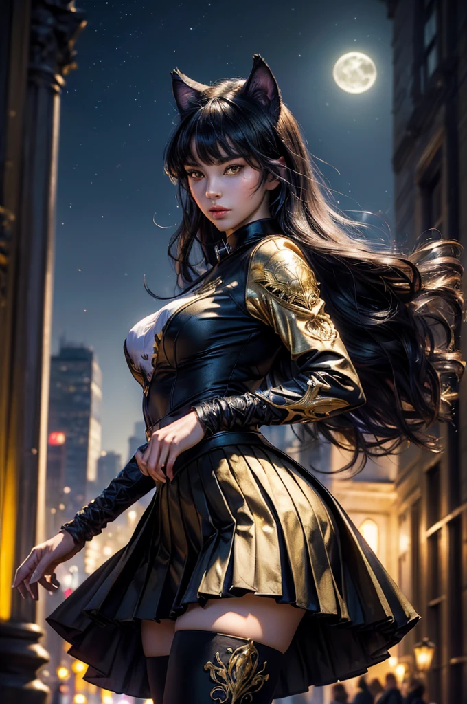 (masterpiece,stunning girlfriend, (standing:1.1), dynamic pose, heart shaped face, elegant face, beautiful face, highly detailed face, highly detailed skin, skin pores, subsurface scattering, realistic pupils, looking at viewer, full lips, detailed background, depth of field, atmospheric perspective, volumetric lighting, sharp focus, absurdres, realistic proportions, good anatomy, (realistic, hyperrealistic:1.4), 16k hdr, (masterpiece, best quality),  intricate details, 1girl,   blake_belladonna, gmuniform, pleated skirt, blue thighhighs,  black and gold uniform, city, night, stars, moon, streetlights