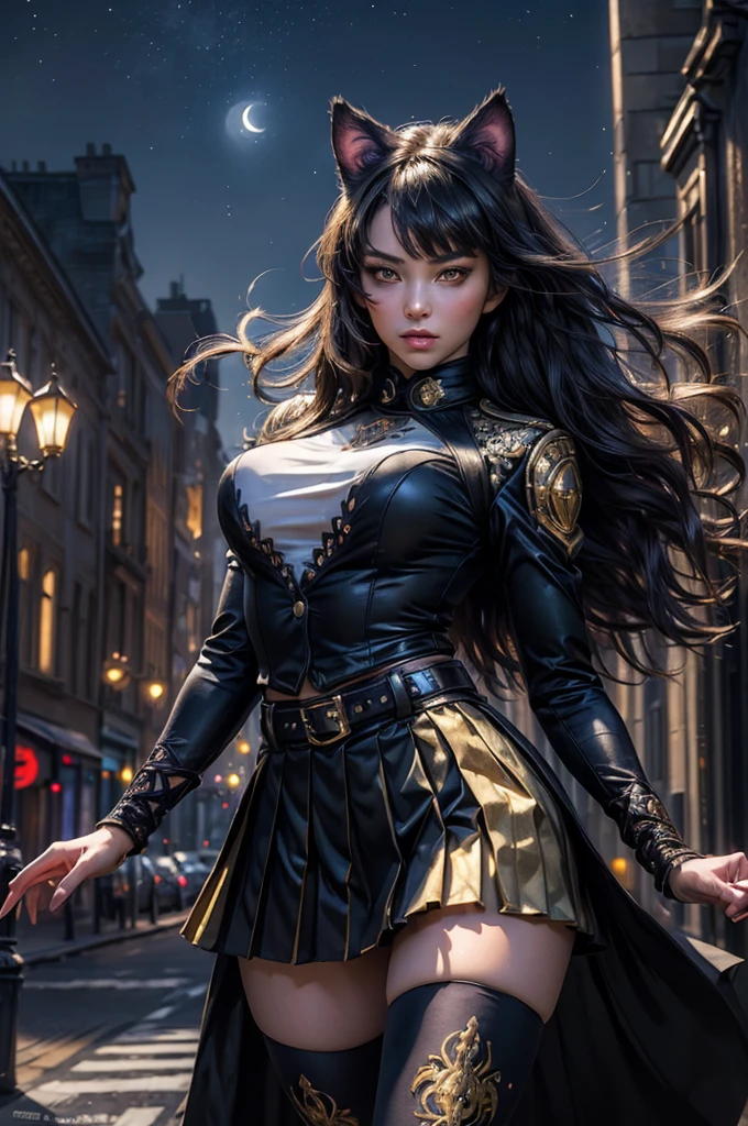 (masterpiece,stunning girlfriend, (standing:1.1), dynamic pose, heart shaped face, elegant face, beautiful face, highly detailed face, highly detailed skin, skin pores, subsurface scattering, realistic pupils, looking at viewer, full lips, detailed background, depth of field, atmospheric perspective, volumetric lighting, sharp focus, absurdres, realistic proportions, good anatomy, (realistic, hyperrealistic:1.4), 16k hdr, (masterpiece, best quality), intricate details, 1girl, blake_belladonna, gmuniform, pleated skirt, blue thighhighs, black and gold uniform, city, night, stars, moon, streetlights
