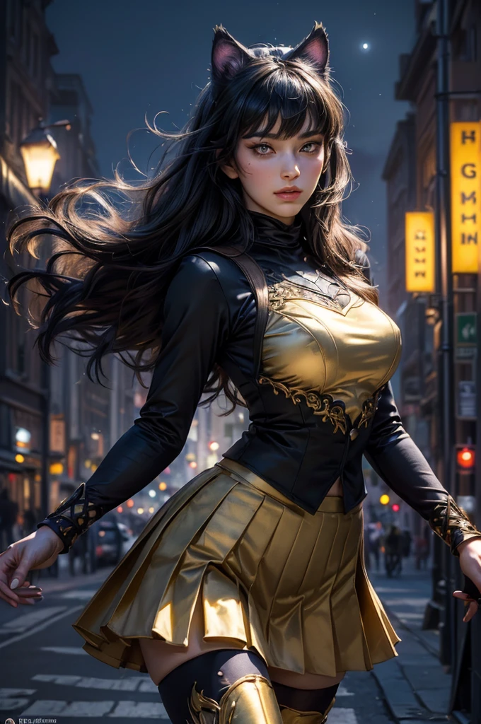 (masterpiece,stunning girlfriend, (standing:1.1), dynamic pose, heart shaped face, elegant face, beautiful face, highly detailed face, highly detailed skin, skin pores, subsurface scattering, realistic pupils, looking at viewer, full lips, detailed background, depth of field, atmospheric perspective, volumetric lighting, sharp focus, absurdres, realistic proportions, good anatomy, (realistic, hyperrealistic:1.4), 16k hdr, (masterpiece, best quality), intricate details, 1girl, blake_belladonna, gmuniform, pleated skirt, blue thighhighs, black and gold uniform, city, night, stars, moon, streetlights