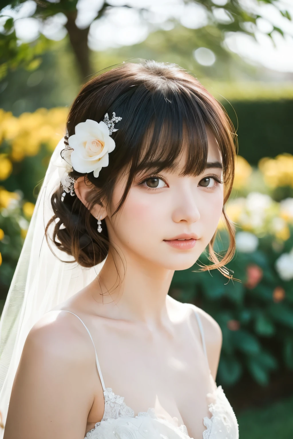 Masterpiece, Top Quality, Raw Photo, Beautiful Girl, (Beautiful, Delicate Girl:1.3), (18yrs:1.3), Very Fine Eye Definition, (Wedding Gown:1.3), Brown Eyes, Parted Bangs, Beautiful Girl, (Eye and Face Detail:1.0), Pale, (Immaculate), Light Makeup, Embarrassed Face, (Pretty Face), Glowing cheeks, (light on cheeks), garden wedding, relaxing, natural light, flower garden, delicate lace, bouquet, immaculate bride