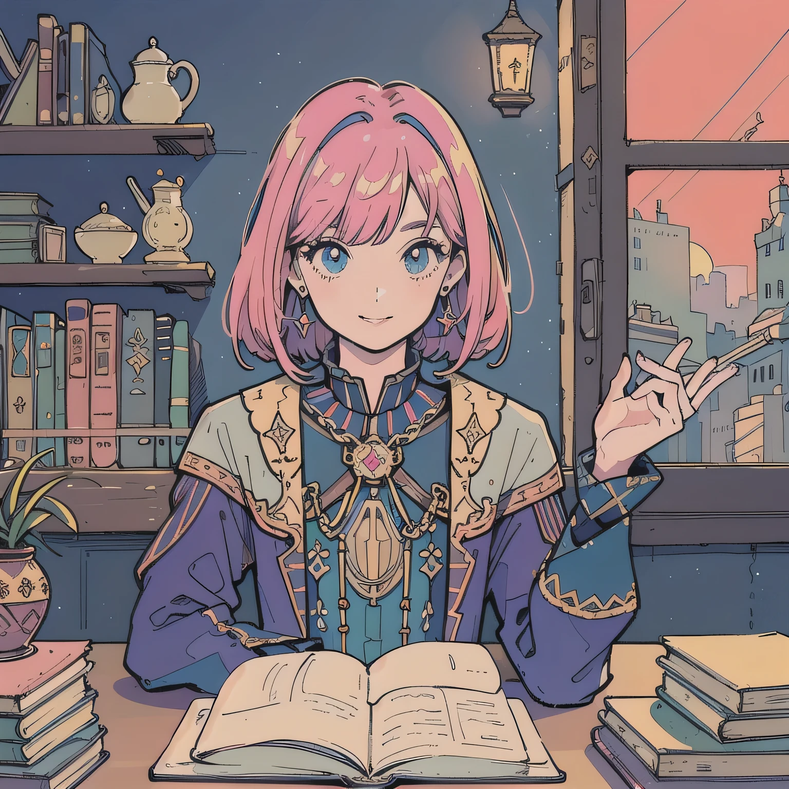 (praise), ((side shot)),(smile),magical research, Reading a book, Wearing Glass, Pink Hair,Fluffy bob cut,Shoulder length, evening,sunset,Analog Color Theme, flat, 2D , Simple drawing, Simplify the line drawing, Ink drawing, Big incline, Gouache Color, Great colorful, Out turn, Synthwave,Classic style,Old Texture, amplitude,Medieval European royal atmosphere,Aristocratic dress,Mysterious atmosphere,Lo-Fi,Calm atmosphere,Outside the window is a medieval castle town,Cozy room with warm lighting,(houseplants on the table),Books stacked on the table,A desk cluttered with art notebooks and stationery,A bookshelf full of books and dictionaries,One girl, Teen, 8k, 35mm, Absurd, Flat color, perspective, Depth of written boundary, High resolution, Cinema Lighting, Professional Lighting, Sharp focus, High resolution, photograph, Realistic, Super detailed, In detail, ((Detailed eyes, face and hair))
