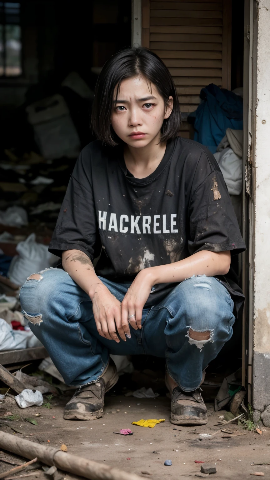 aespakarina,Bobcut,Beggar,beggar,(((Homeless))),in abandoned style room,Crouching,Angry face,Bad complexion,Dirty,Full of trash,Korean,18-year-old,woman,Pitch black,Tattered clothes,(((Bad mood))),((( Oil,Mud stains,shit,dirty))),(((Frowning,カメラをGlaring))),((((Rubble pile))),Very fine eye, (((Wearing tattered black clothing,He&#39;s wearing ripped black pants))),(((Tragic))),((photograph)),(((Fabric Shading))), (((highest quality))), (((masterpiece))) strong girl, ((((Realistic)))),,Black Hair, chic hairstyle, ((With bangs,ストレートミディアムBobcut, nice hair)), Light makeup,Red eyes, (((I&#39;m not wearing lipstick))), (nice, strong), Centered Images, Looking at the camera, Elegant colors,Realistic Skin,Realistic texture,８k,whole body,Pale skin,Red iris,Expressionless,Glaring,Perfect Face,(((Big eyes))),Holding a blank board,ruanyi0181