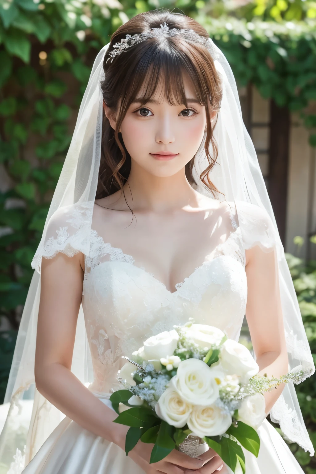 21 years old, Beautiful woman, Natural light, Wedding dress, Upper Body, Front view, bride, (highest quality, 8k, masterpiece), White flower, Delicate lace, bouquet, With bangs, A shy smile, (Embarrassing), looking at the camera, light makeup, Thin eyebrows, Natural Makeup, (light makeup), Thin eyebrows, Ultra-high resolution, Glowing Skin, (Light on the cheeks), Closed lips, (Pale pink), Petals fluttering , viewer's perspective , wedding ceremony , View here