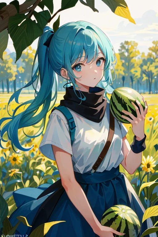 ((masterpiece:1.2, highest quality)), One girl, alone, Looks like a thief，In the field，Holding a watermelon with both hands，Looks like he stole a watermelon