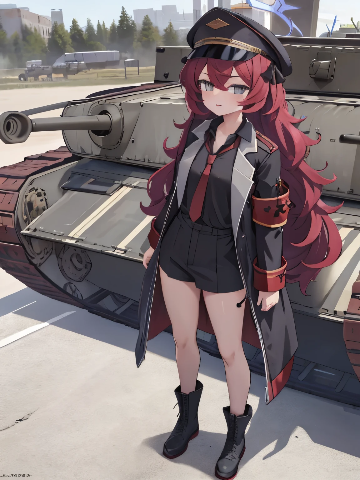 Masterpiece, hd, best quality, irohadef, red hair, long hair, halo, military uniform, military hat, black jacket, necktie, standing, outdoor, tank, standing in front of military vehicle, (tank:1.2)