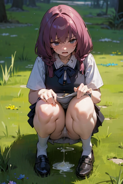 (masterpiece, highest quality), Intricate details, One girl, Squat, Embarrassing, anger, Glare, Blushing,incontinence,Thin yellow liquid spurting out from under her legs,A thin yellow puddle at my feet,In the grass,Black stains on underwear,Urinating,Wearing shoes,Alley,Peeing,Thin yellow liquid dripping from underwear