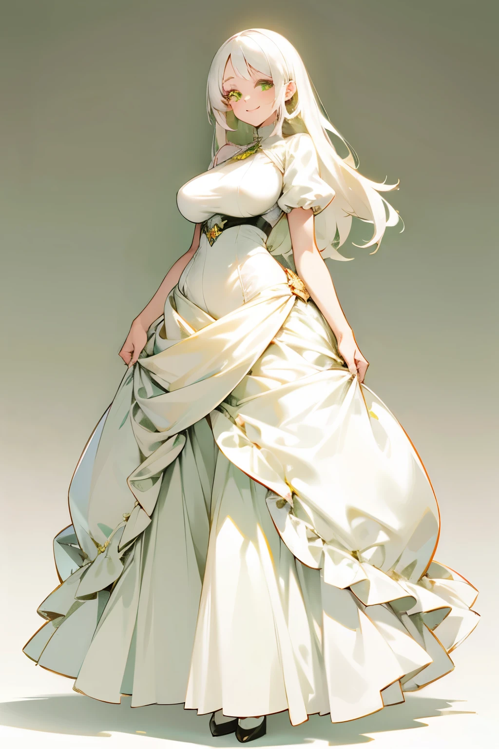 Young beautiful woman　cute　Anime illustration　Smiling here　Pale green eyes　Big Breasts　She looks neat and tidy and is wearing a luxurious white dress.　　White highlights on both eyes　Waist-length white hair　Beautiful fair skin　Standing there with a neat appearance　Lady　Looks kind　A young woman in her teens　cute