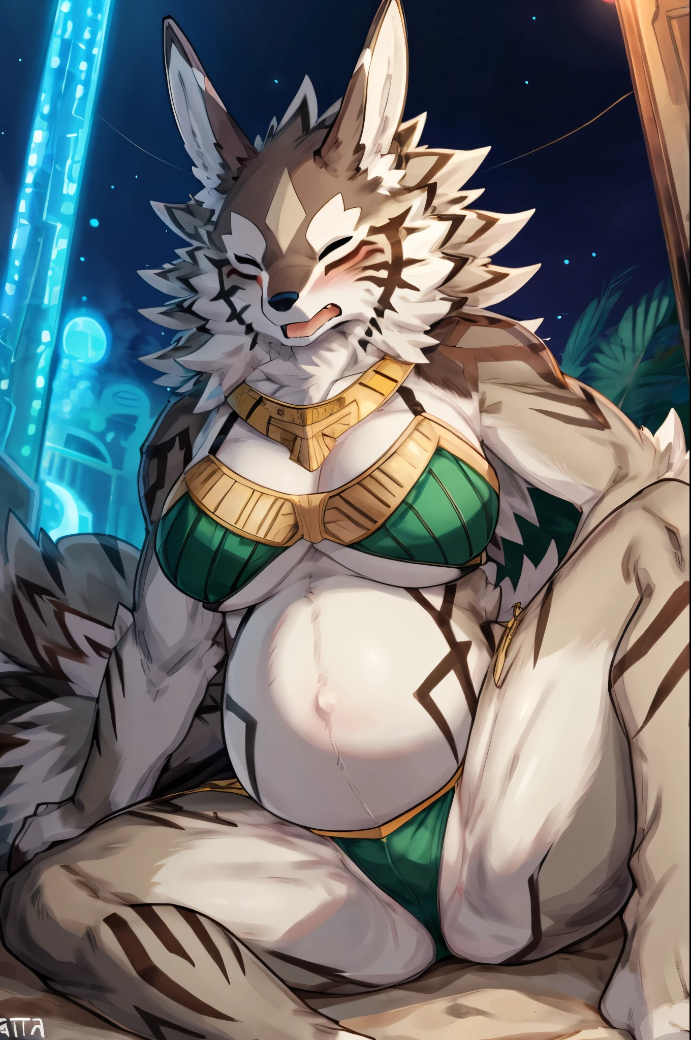 ((by Buta99, by SpiritD, best quality, masterpiece, perfect anatomy, detailed picture)), 1female, Jackal, Seth, Tokyo Afterschool Summoner, brown furs, clean eyes, green sclera eyes, young body, skinny body, big breasts, tail, big blushes, embarrassed, harem bikini, in the desert night club background, pregnant, pain, breath, eyes closed, spread legs, labor, thong in view, front view