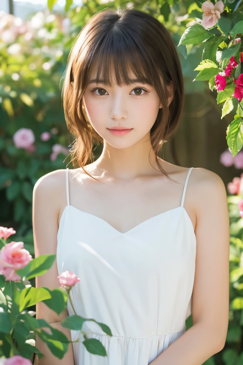 Masterpiece, Top Quality, Raw Photo, Beautiful Girl, (Beautiful, Delicate Girl:1.3), (18yrs:1.3), Very Fine Eye Definition, (White Dress:1.3), Brown Eyes, Parted Bangs, Beautiful Girl, (Eye and Face Detail:1.0), Pale, (Immaculate), Light Makeup, Embarrassed Face, (Pretty Face), Glowing Cheeks, ( light on cheeks), flower garden, relax, natural light, flower garden, delicate face, innocent girl