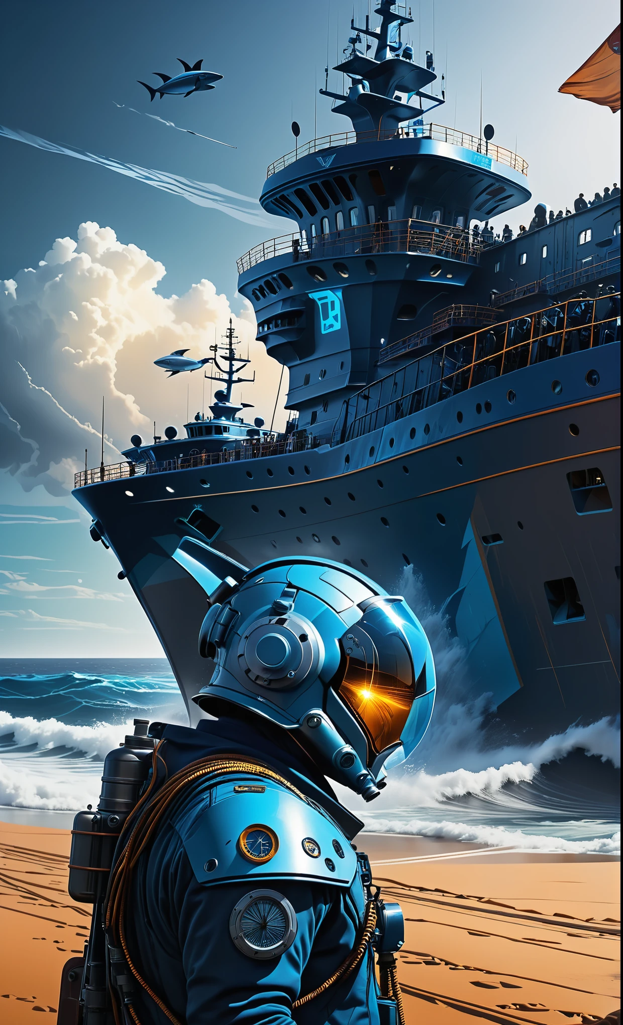 Nazare Nautica vol.2 - Port and shipyard, by Luis Duarte, Nanopunk, blue shading, Nazare style, Element Water, Mythpunk, Graphic Interface, Space Art, Sci-Fic Art, Dark Influence, NijiExpress 3D v3, Kinetic Art, Datanoshing, Oilpainting, Ink v3, Splash style, Abstract Art, Abstract Tech, Cyber Tech Elements, Futuristic, Epic style, Illustrated v3, Deco Influence, AirBrush style, drawing