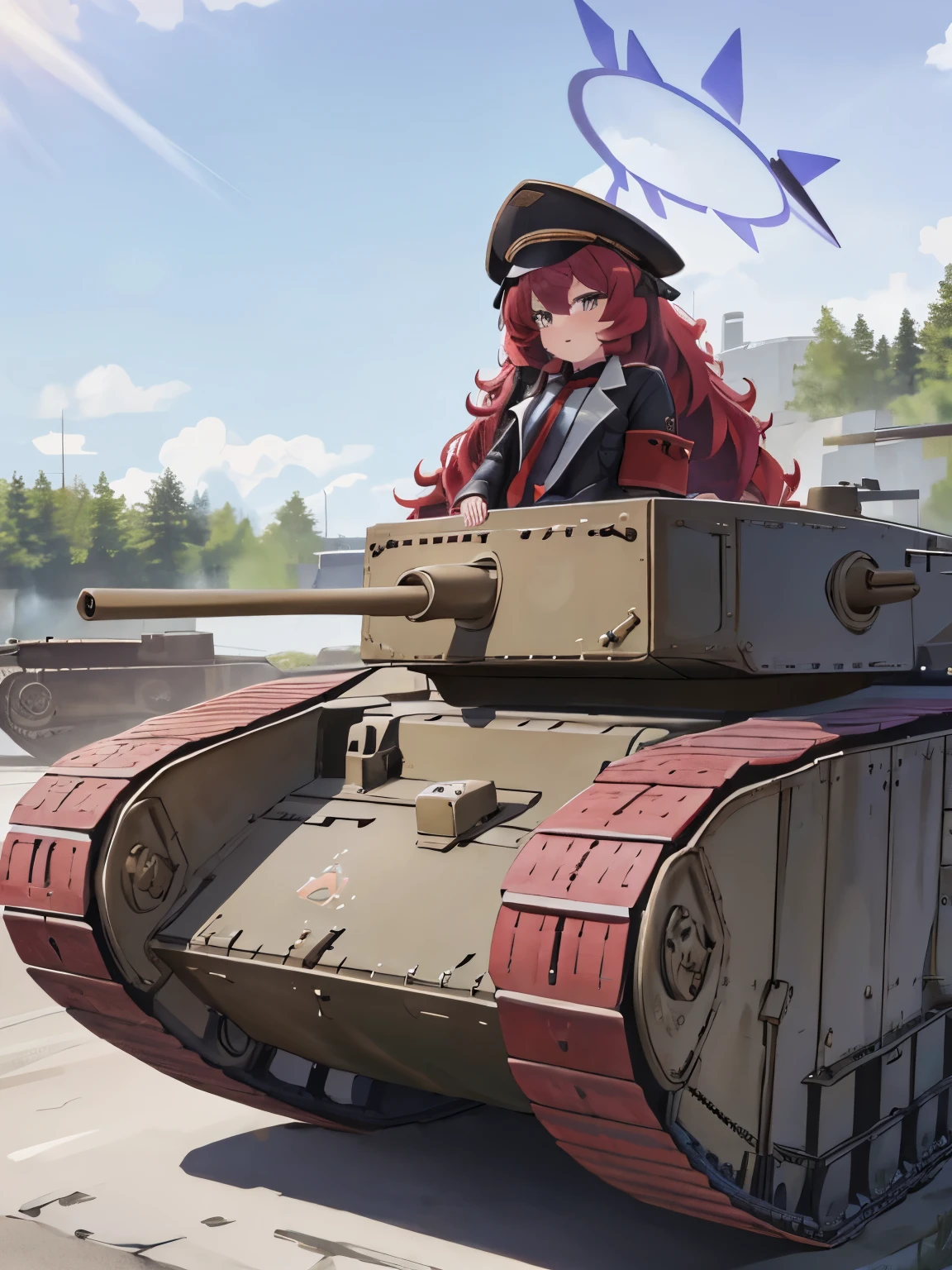 Masterpiece, hd, best quality, irohadef, red hair, long hair, halo, military uniform, military hat, black jacket, necktie, standing, outdoor, tank, standing in front of military vehicle, (tank:1.2)