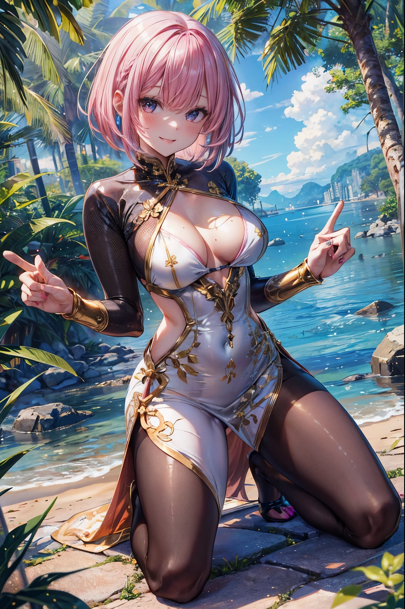 ((golden vietnamese dress)), 4 defined fingers, 1 defined thumb, looking at viewer, solo, 1 woman, 25 years old, AI generated, highest quality, masterpiece, skindentation, perfect face, 8k , cowboy shot, short hair, break, ((((pink hair1.5)))), break, bob cut, black eye, smile, thin thighs, medium breasts, perfect limbs, sexy, (visible nipples:0.8), (camel toe:0.5), pantyhose, ((bright seaside)), ((metallic costume)), ((arm at side)), ((kneeling)), Deep in the forest,