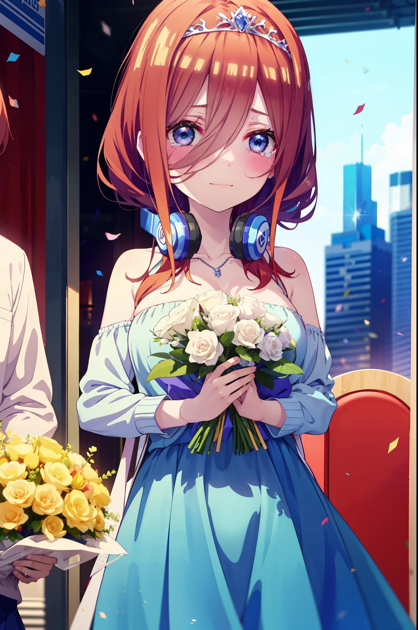 Miku Nakano, Miku Nakano, Long Hair, bangs, Brown Hair, shirt, Hair between the eyes, cardigan, Headphones around neck,tiara,Star Hair Ornament,smile,blush,Blue Dress,Long skirt,Red Pin Heel,No sleeve,Expose your shoulders,Bare arms,Bare neck,bare clavicle,Heart Necklace,Tears stream down her face,Tears of joy,I cry a lot,holding a large bouquet of flowers in each hand,Confetti,There is a birthday cake on the table,
break indoors, on stage,venue,
break looking at viewer, (Cowboy Shot:1.5),
break (masterpiece:1.2), highest quality, High resolution, unity 8k wallpaper, (shape:0.8), (Beautiful details:1.6), Highly detailed face, Perfect lighting, Highly detailed CG, (Perfect hands, Perfect Anatomy),