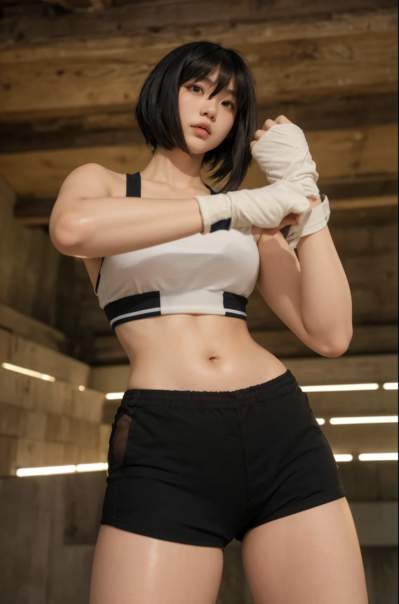 "(masterpiece、Premium Quality:1.2)、alone、1 Girl(Kazama Asuka、Muscular woman、Short brown hair、White skin、Brown eyes)、Cowboy Shot、smile、Preparing for battle、Tight clothing、Great for sports、Crop top、Shorts、(gloves:1.1)、internal、Elbow pads、abdomen、Trained abdominal muscles、Trained biceps、(Buildings:1.2)、Night view