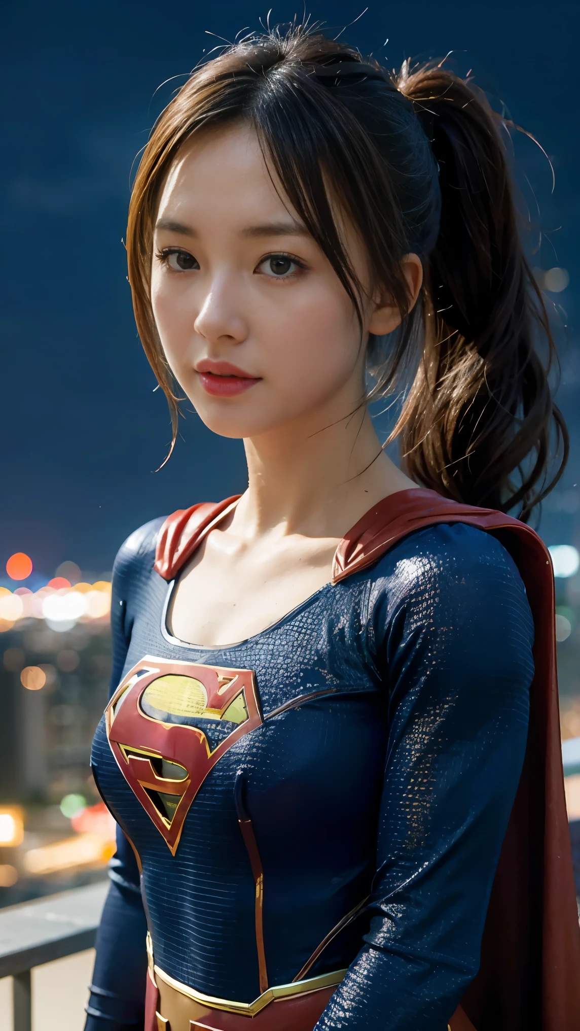 (Supergirl DC comics), Upper body shot, portrait photography, high contrast, vibrant colors, neon at night lights, best quality, masterpiece, sharp lines, 1girl, solo, looking at viewer, nice body suit supergirl with mini skirt, superhero style, ponytail hair, black hair, fight pose, thunderstorm, cape, outdoors, city, sky, clouds, detailed face, detailed eyes, detailed hair,