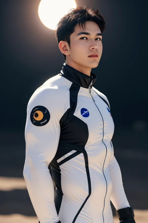 male, (standing close to solar eclipse), landscape, huge sun solar eclipse background, elegant, wearing spacesuit, tight clothes, open clothes, unzipped, blush, masterpiece, best quality, detailed background, depth of field, intricate details, (muscular), (large pectorals), (puffy nipples),