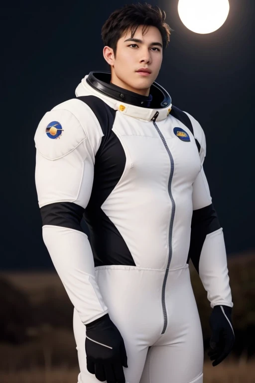 male, (standing close to solar eclipse), landscape, huge sun solar eclipse background, elegant, wearing spacesuit, tight clothes, open clothes, unzipped, blush, masterpiece, best quality, detailed background, depth of field, intricate details, (muscular), (large pectorals), (puffy nipples),