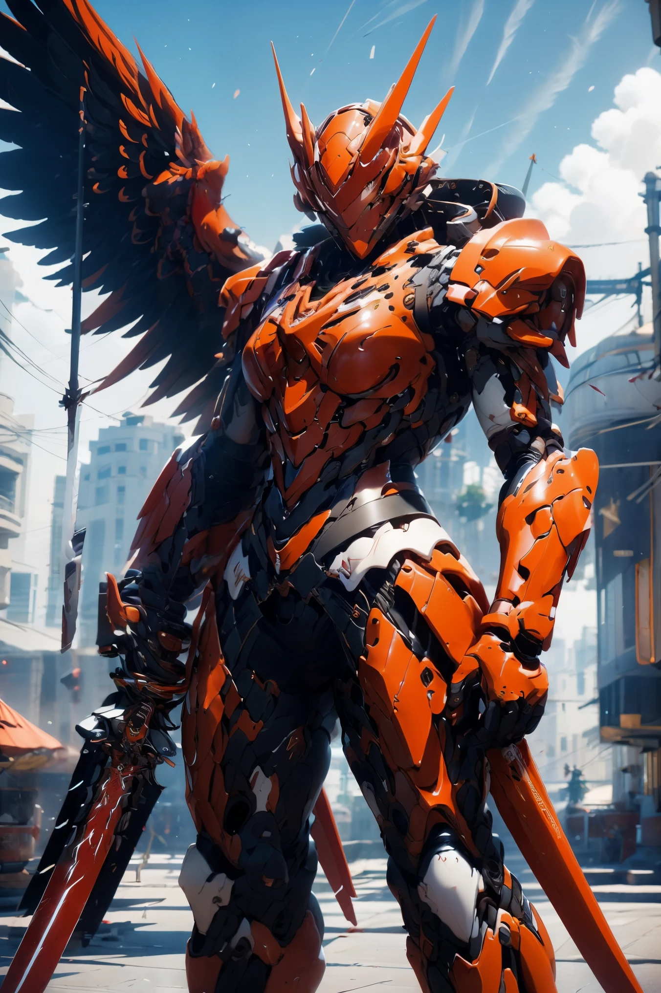 a woman with a sword and wings standing in front of a city, by Yang J, from arknights, detailed key anime art, red armor, trending on artstation pixiv, anime epic artwork, badass anime 8 k, [ trending on cgsociety ]!!, anime fantasy artwork, detailed anime artwork, blood red armor, white and red armor