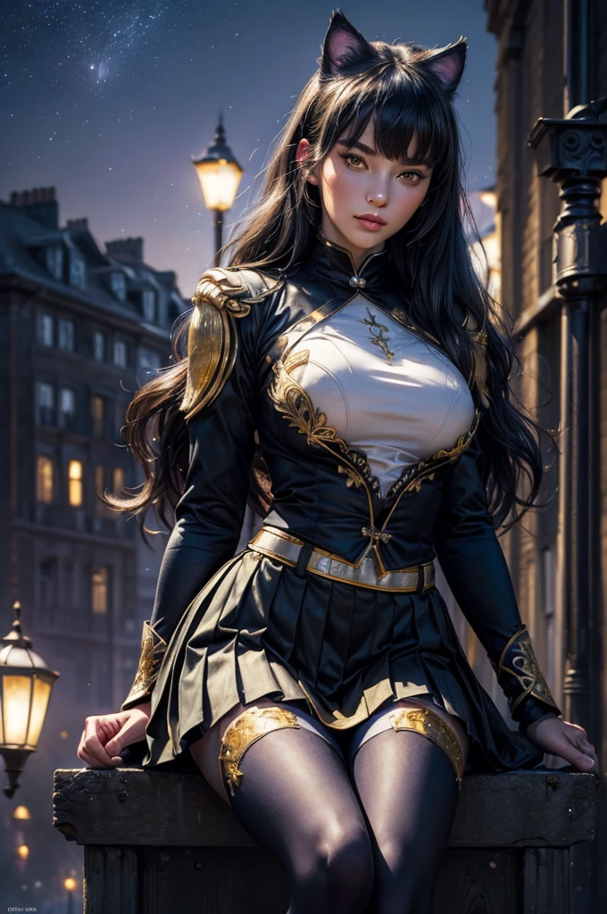 (masterpiece,stunning girlfriend, (standing:1.1), dynamic pose, heart shaped face, elegant face, beautiful face, highly detailed face, highly detailed skin, skin pores, subsurface tering, realistic pupils, looking at viewer, full lips, detailed background, depth of field, atmospheric perspective, volumetric lighting, sharp focus, absurdres, realistic proportions, good anatomy, (realistic, hyperrealistic:1.4), 16k hdr, (masterpiece, best quality), intricate details, 1girl, blake_belladonna, gmuniform, pleated skirt, blue thighhighs, black and gold uniform, sitting in city, night, stars, moon, streetlights