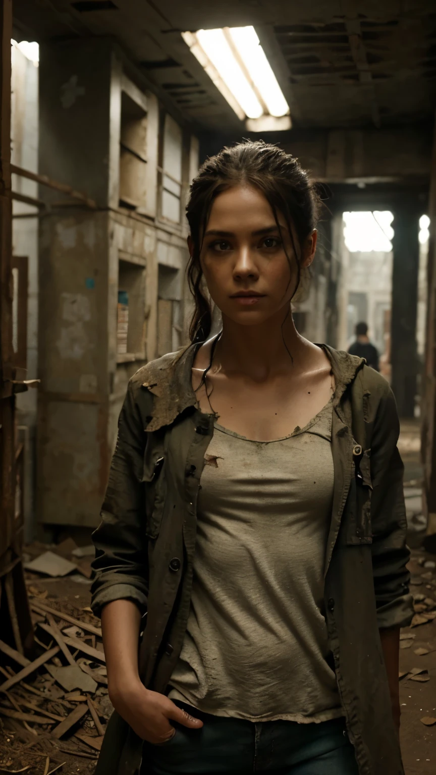 Crie uma personagem humana, cabelos pretos e longos, olhos pretos, maze runner scenario, She is a character from Maze Runner, she wears old, torn clothes because she is in a dystopian world