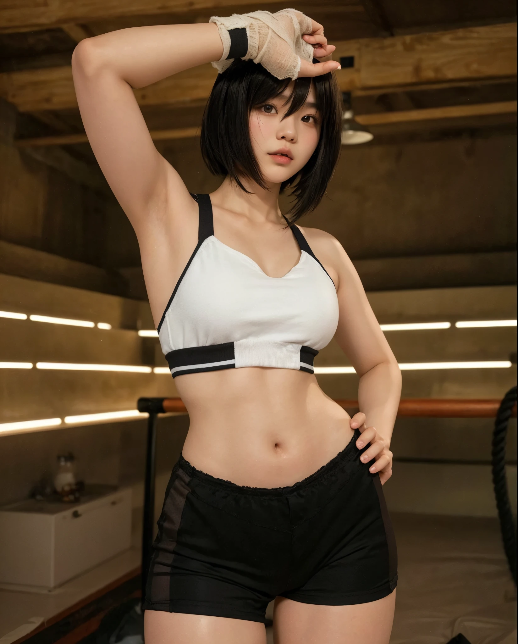 a futuristic female warrior holding a katana, (finely detailed skin), pale skin, (in a deep neckline highly detailed sexy futuristic cyberpunk black crop top and underpants made of circuit boards, japanese words with a flare effect, beautiful epic composition, futuristic, masterpiece, appealing, posing for a photo