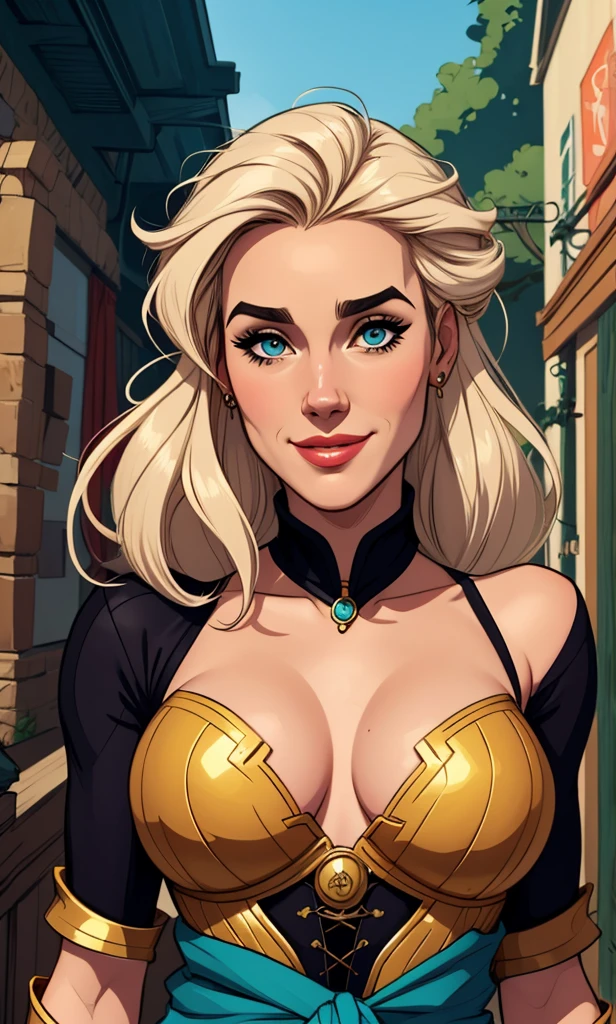 Personagem mulher estilo atompunk Fiona rainha Anna de Arendelle com marcas de guerras Imagem de desenho animado de uma mulher .Ilustra??o estilo desenho animado, estilo de arte dos desenhos animados, estilo de arte dos desenhos animados, digital illustration style, estilo atompunk design de personagens altamente detalhado, arte digital detalhada coragem, Forest fan art, Design de personagens de retrato, beautiful digital illustration, retrato de alta qualidade, Arte em quadrinhos, mulher jovem cabelo com transas lindas . Queen Anna of ArendelleBeautiful lined eyes Medium large bust and wonderful sexy clothes. image expression of sexual desire from waist to head illustration Queen Anne of Arendelle atompunk style Fallout 4 style pose playboy magazine sensual witch Character cartoon style facial expression happy beautiful smile and six medium small portrait mode waist up with lots of gold around her other stones portrait precious mode waist up queen of the south Jennifer Connelly GTA scenery dominatrix gold coins chest with jewelry with her boyfriend, um homem com barba preta, armado com um estilo militar, 