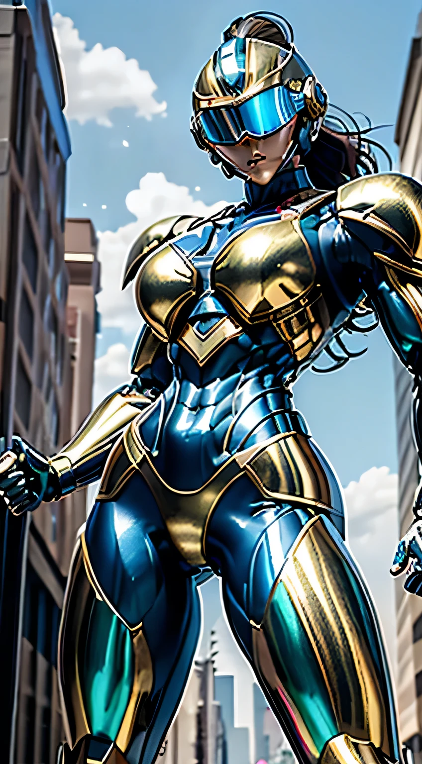 Female Robocop Solo、Bright outdoors、strong light source、8K, high quality, masterpiece, 最high quality、Very detailed、Armor that completely covers the whole body、Very large armor、Helmet covering the head、Clear photos、The eyes are hidden by thin, straight goggles:1.3、The lower half of the face is flesh:1.5、The human skin is exposed from the nose down on the face.:5.0、Luscious lips、Rainbow-colored metallic armor with thin white lines、Armor that completely covers the chest、Long, slender legs、Vivid poseable body view,Big and ample breasts:1.5, (Sports Body:1.5)、Five Fingers、Photos in the city