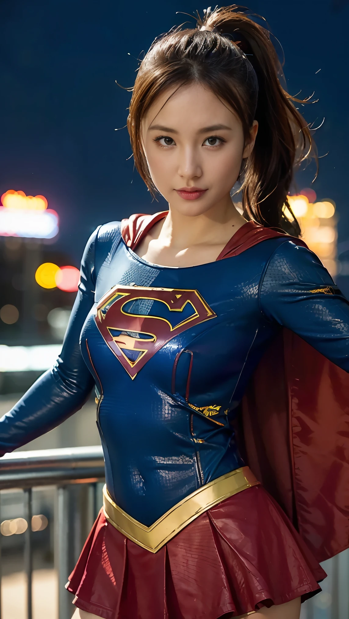 (Supergirl DC comics), Upper body shot, portrait photography, high contrast, vibrant colors, neon at night lights, best quality, masterpiece, sharp lines, 1girl, solo, looking at viewer, nice body suit supergirl with mini skirt, superhero style, ponytail hair, black hair, fight pose, thunderstorm, cape, outdoors, city, sky, clouds, detailed face, detailed eyes, detailed hair,