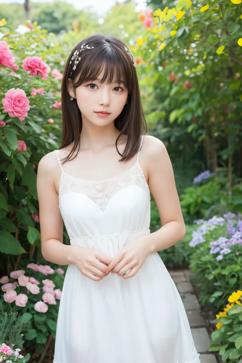Masterpiece, Top Quality, Raw Photo, Beautiful Girl, (Beautiful, Delicate Girl:1.3), (18yrs:1.3), Very Fine Eye Definition, (White Dress:1.3), Brown Eyes, Parted Bangs, Beautiful Girl, (Eye and Face Detail:1.0), Pale, (Immaculate), Light Makeup, Embarrassed Face, (Pretty Face), Glowing Cheeks, ( light on cheeks), flower garden, relax, natural light, flower garden, delicate face, innocent girl
