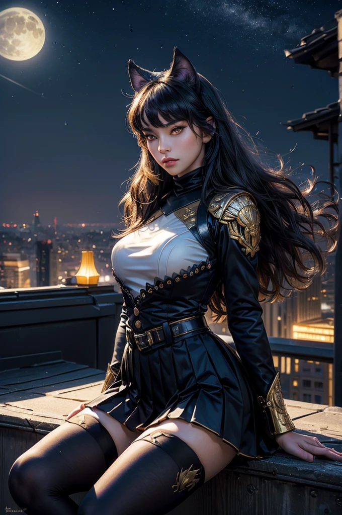 (masterpiece,stunning girlfriend, (standing:1.1), dynamic pose, heart shaped face, elegant face, beautiful face, highly detailed face, highly detailed skin, skin pores, subsurface scattering, realistic pupils, looking at viewer, full lips, detailed background, depth of field, atmospheric perspective, volumetric lighting, sharp focus, absurdres, realistic proportions, good anatomy, (realistic, hyperrealistic:1.4), 16k hdr, (masterpiece, best quality), intricate details, 1girl, blake_belladonna, gmuniform, pleated skirt, blue thighhighs, black and gold uniform, sitting on rooftop, city, night, stars, moon, streetlights
