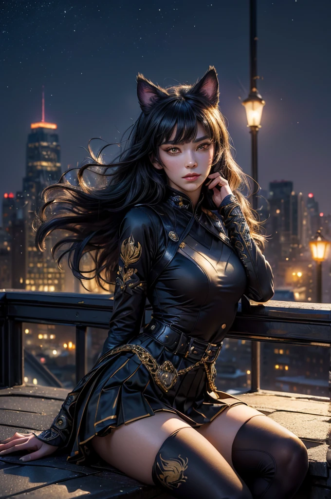 (masterpiece,stunning girlfriend, (standing:1.1), dynamic pose, heart shaped face, elegant face, beautiful face, highly detailed face, highly detailed skin, skin pores, subsurface scattering, realistic pupils, looking at viewer, full lips, detailed background, depth of field, atmospheric perspective, volumetric lighting, sharp focus, absurdres, realistic proportions, good anatomy, (realistic, hyperrealistic:1.4), 16k hdr, (masterpiece, best quality),  intricate details, 1girl,   blake_belladonna, gmuniform, pleated skirt, blue thighhighs,  black and gold uniform, sitting on rooftop, city, night, stars, moon, streetlights