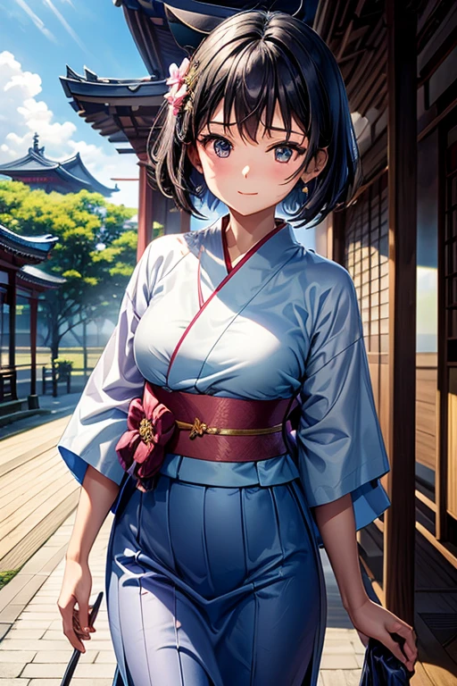 Temple in the background, Summer festival, stall, prosper, Temple stairs, Black-haired girl in the center, yukata