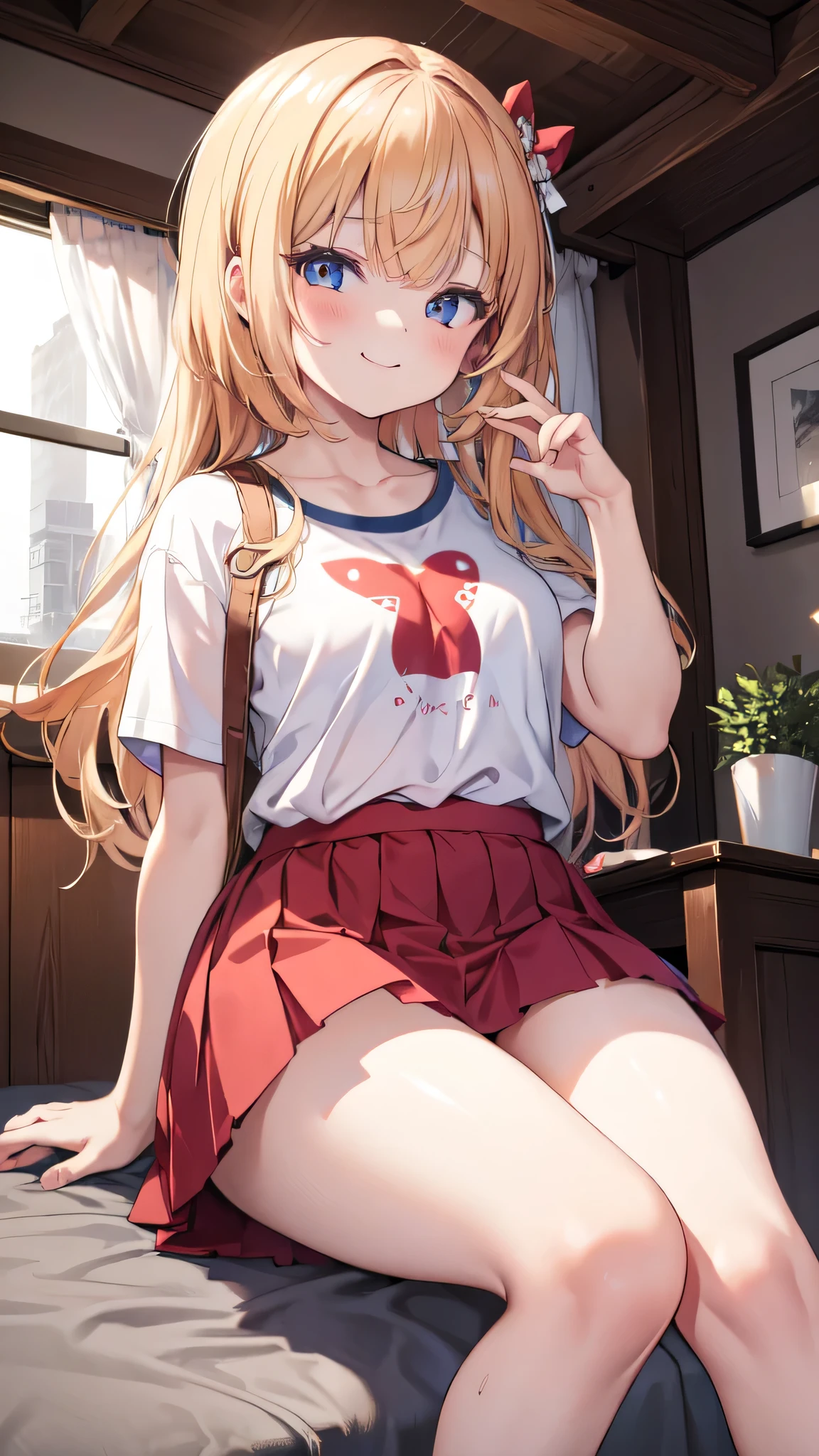 Very detailed、(8k, RAW Photos, highest quality, masterpiece:1.2), (Very detailed 8k wallpaper),shape、Professional Lighting,Sharp focus, Written boundary depth、、Clear Eyes、Perfect Anatomy、With a girl、12 years old、、smile、、、throw 、Loose fitting T-shirt、White panties、Denim mini skirt、、Accentuate your thighs、
