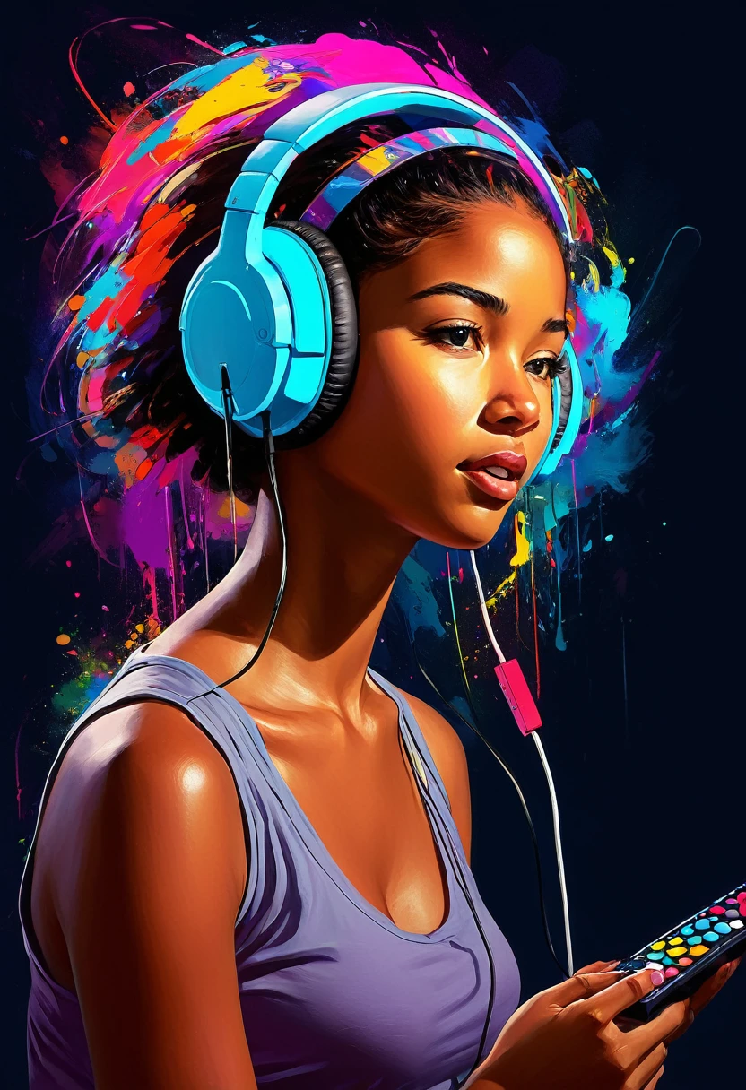 Girl playing video game, headphone, Neurodivergent Art, abstract, colorful, expressive, unique style, digital painting, high resolution, vibrant colors, personal interpretation, emotional impact, artist unknown, art showcase, inclusive, diverse representation