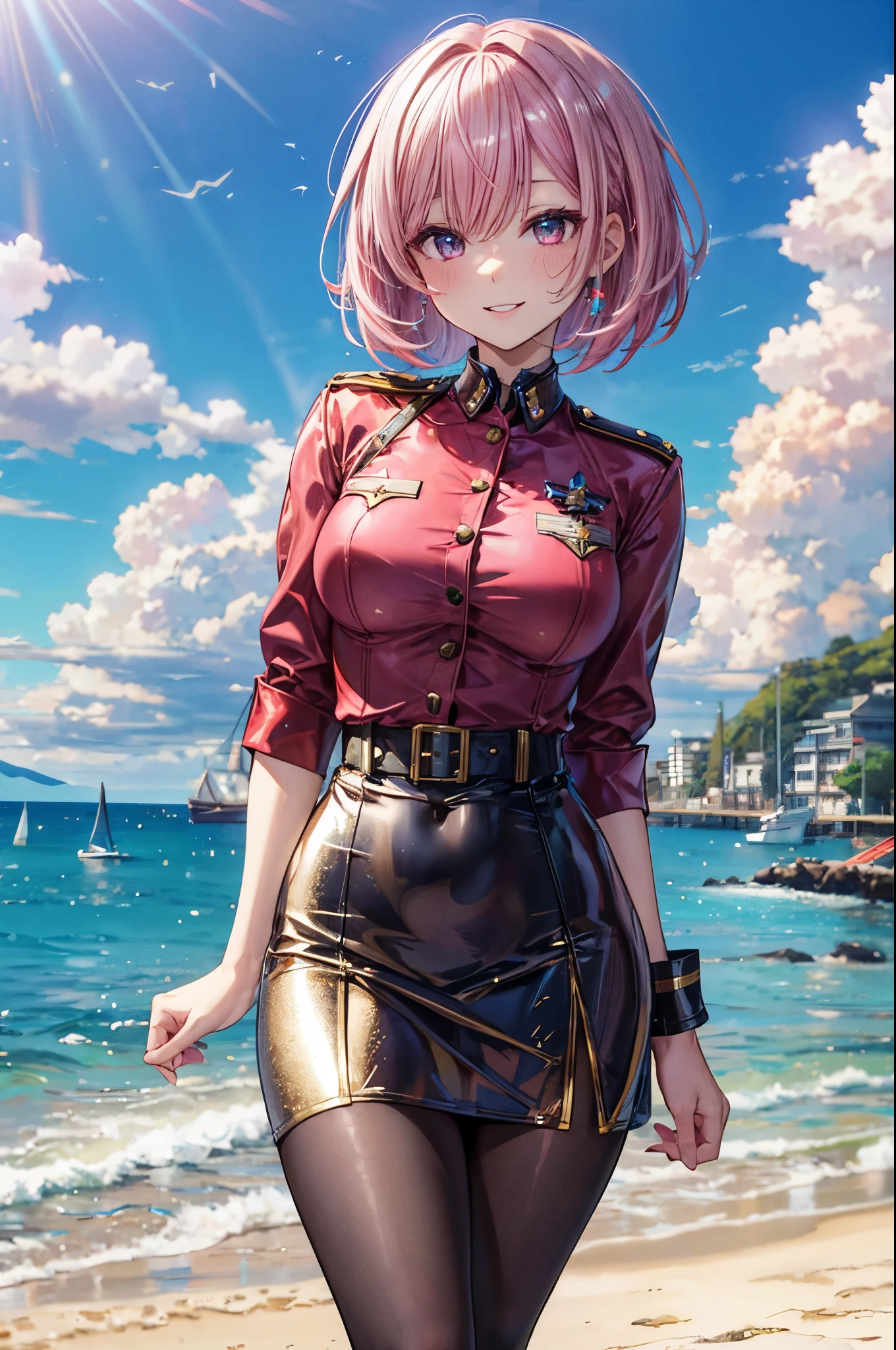  ((Military uniform)), ((Tight Skirt)), 4 defined fingers, 1 defined thumb, looking at viewer, solo, 1 woman, 25 years old, AI generated, highest quality, masterpiece, skindentation, perfect face, 8k , cowboy shot, short hair, (pink hair1.5), bob cut, black eye, smile, thin thighs, medium breasts, perfect limbs, sexy, (visible nipples:0.7), (camel toe:0.5), pantyhose, ((arm at side)), ((bright seaside)),, ((metallic costume))