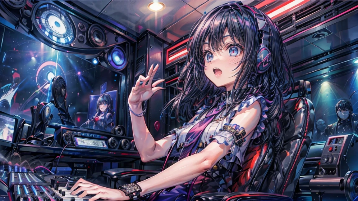 A beautiful girl is happily playing the electronic organ. She is a beautiful with long black hair and baby-faced, sagging eyes. she is wearing headphones. Opening mouth: 1.1, laughing happily: 1.1, looking away: 1.1.