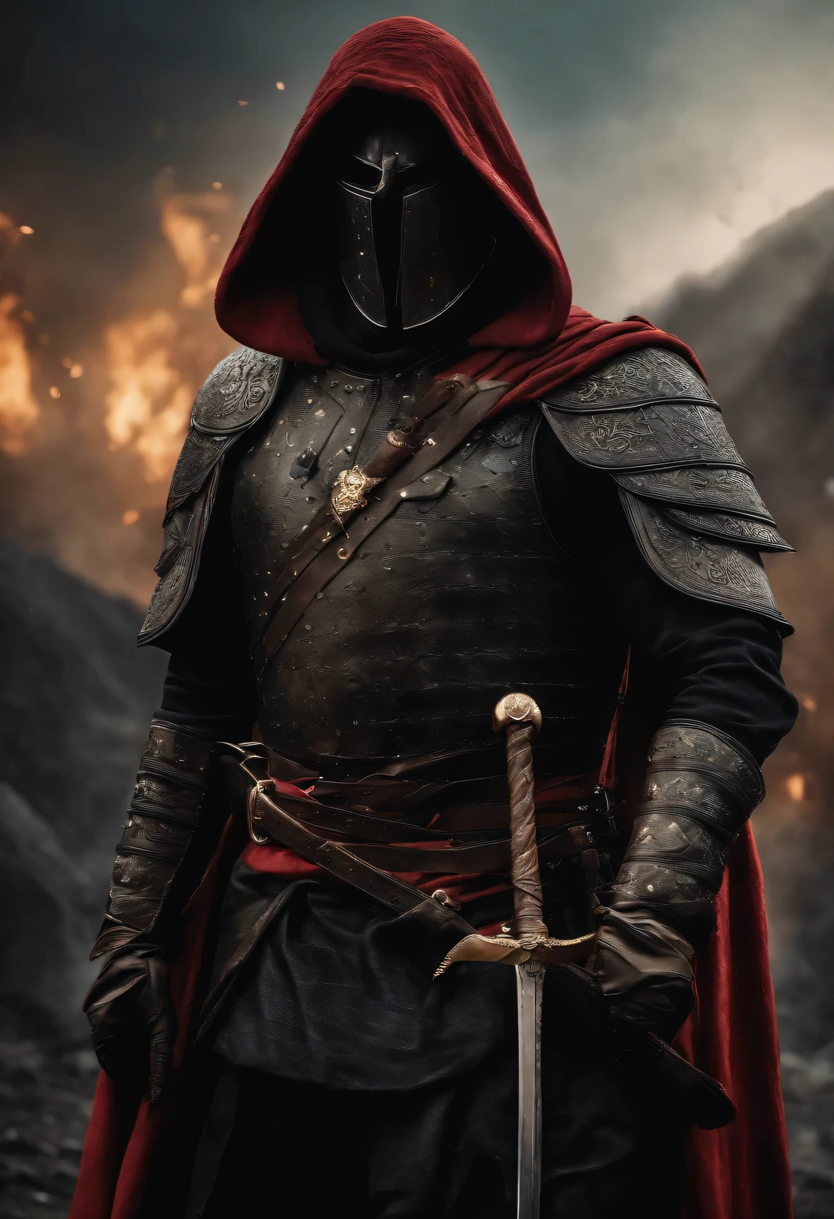 Realistic, 4k, Anjos com asas grandes, roupas pretas, uma espada, Hood on head in war background image (caos)
