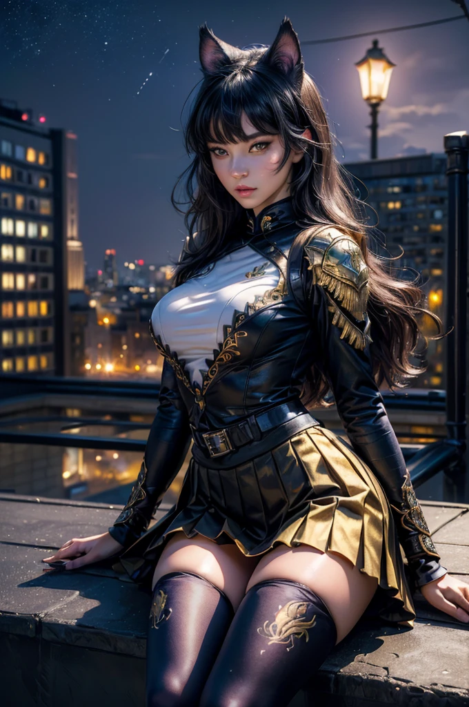 (masterpiece,stunning girlfriend, (standing:1.1), dynamic pose, heart shaped face, elegant face, beautiful face, highly detailed face, highly detailed skin, skin pores, subsurface scattering, realistic pupils, looking at viewer, full lips, detailed background, depth of field, atmospheric perspective, volumetric lighting, sharp focus, absurdres, realistic proportions, good anatomy, (realistic, hyperrealistic:1.4), 16k hdr, (masterpiece, best quality),  intricate details, 1girl,   blake_belladonna, gmuniform, pleated skirt, blue thighhighs,  black and gold uniform, sitting on rooftop, city, night, stars, moon, streetlights