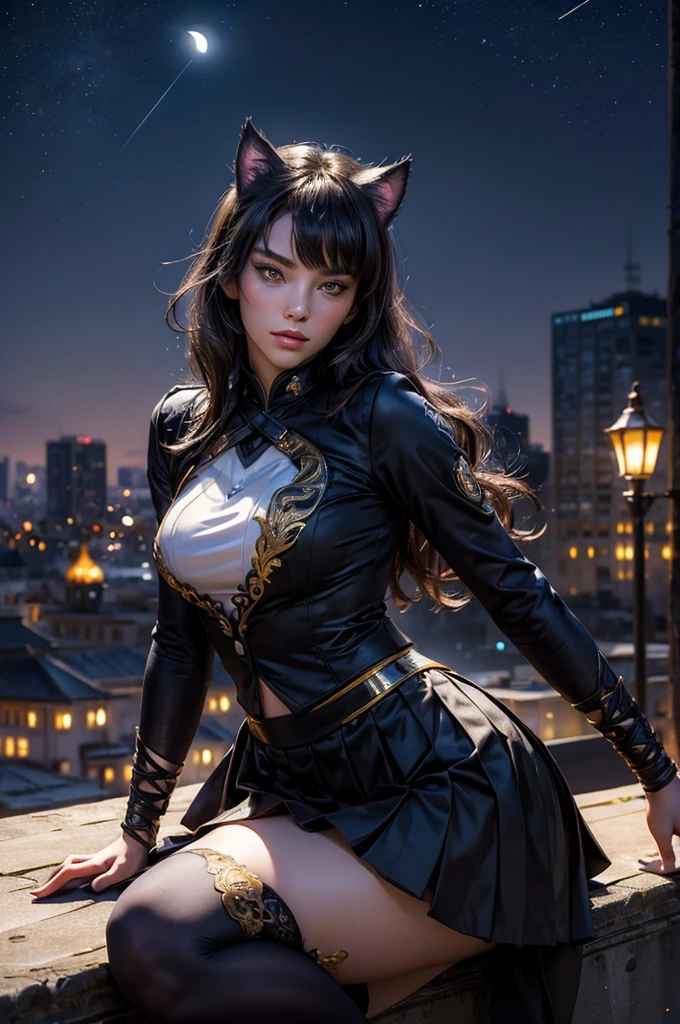 (masterpiece,stunning girlfriend, (standing:1.1), dynamic pose, heart shaped face, elegant face, beautiful face, highly detailed face, highly detailed skin, skin pores, subsurface scattering, realistic pupils, looking at viewer, full lips, detailed background, depth of field, atmospheric perspective, volumetric lighting, sharp focus, absurdres, realistic proportions, good anatomy, (realistic, hyperrealistic:1.4), 16k hdr, (masterpiece, best quality),  intricate details, 1girl,   blake_belladonna, gmuniform, pleated skirt, blue thighhighs,  black and gold uniform, sitting on rooftop, city, night, stars, moon, streetlights