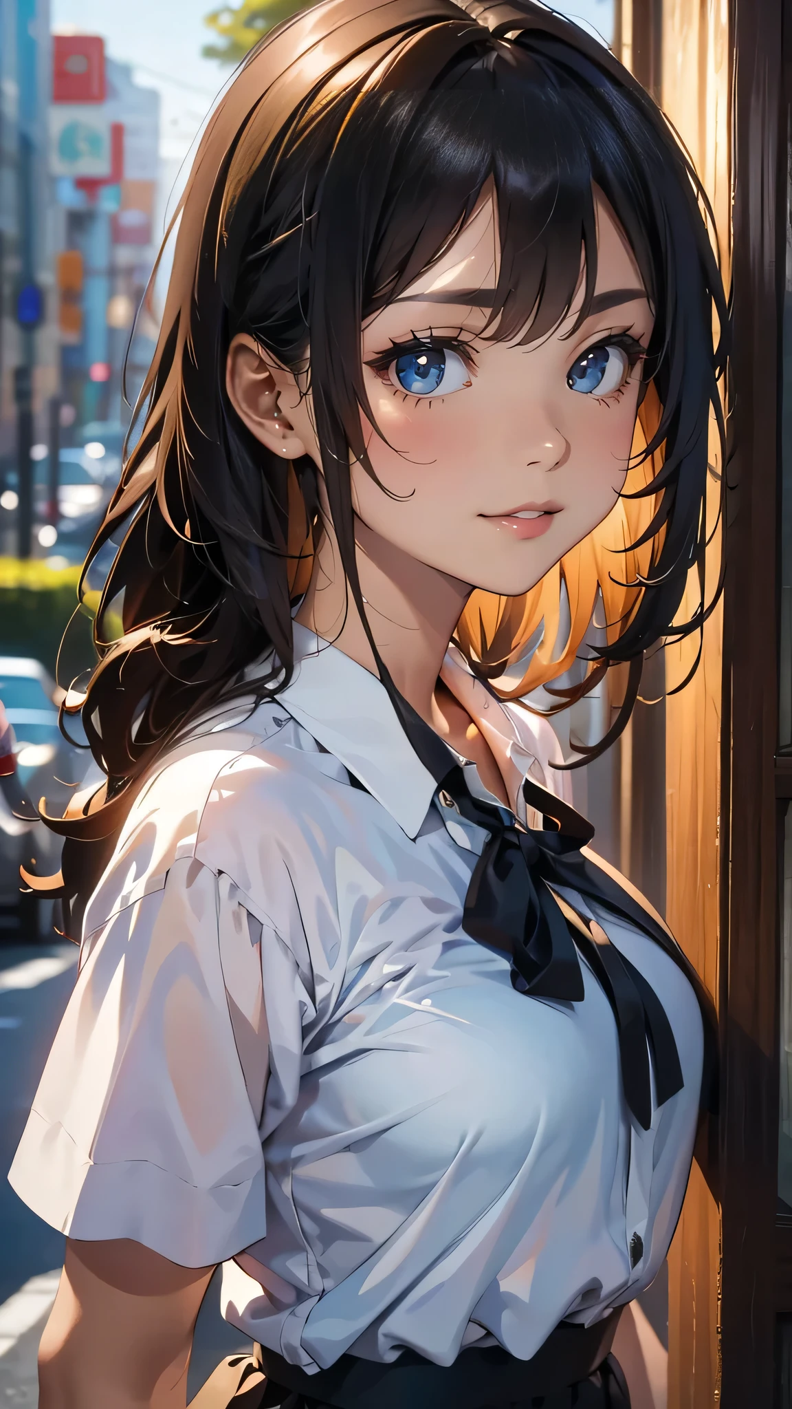 high school girl,(leaning forward:1.2),(random hairstyle),(Highest image quality,(8K), Ultra-realistic, Best Quality, High quality, High Definition, high quality texture, high detailing, Beautiful detailed, fine detailed, extremely details CG, Detailed texture, realistic representation of face, masterpiece, presence)