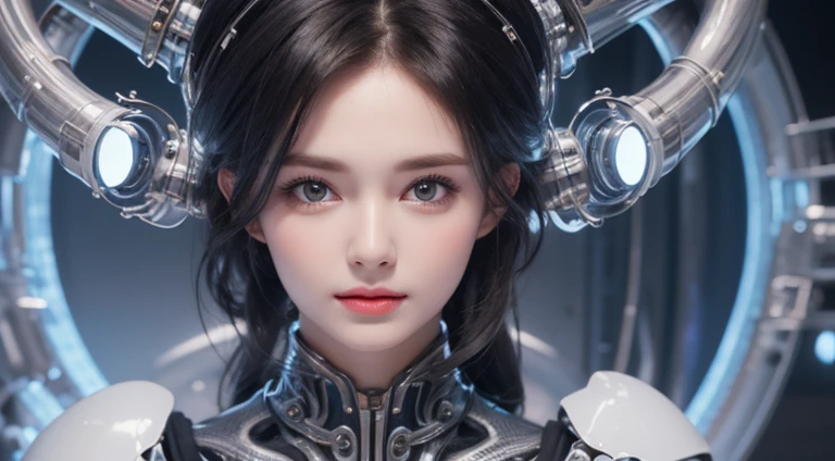 A close-up head and chest portrait of a pretty and cute woman, her chest adorned with pneumatic tubes that give her a unique and futuristic appearance. The highly detailed digital rendering captures every aspect of her beauty, from her delicate features to the intricate tubes.