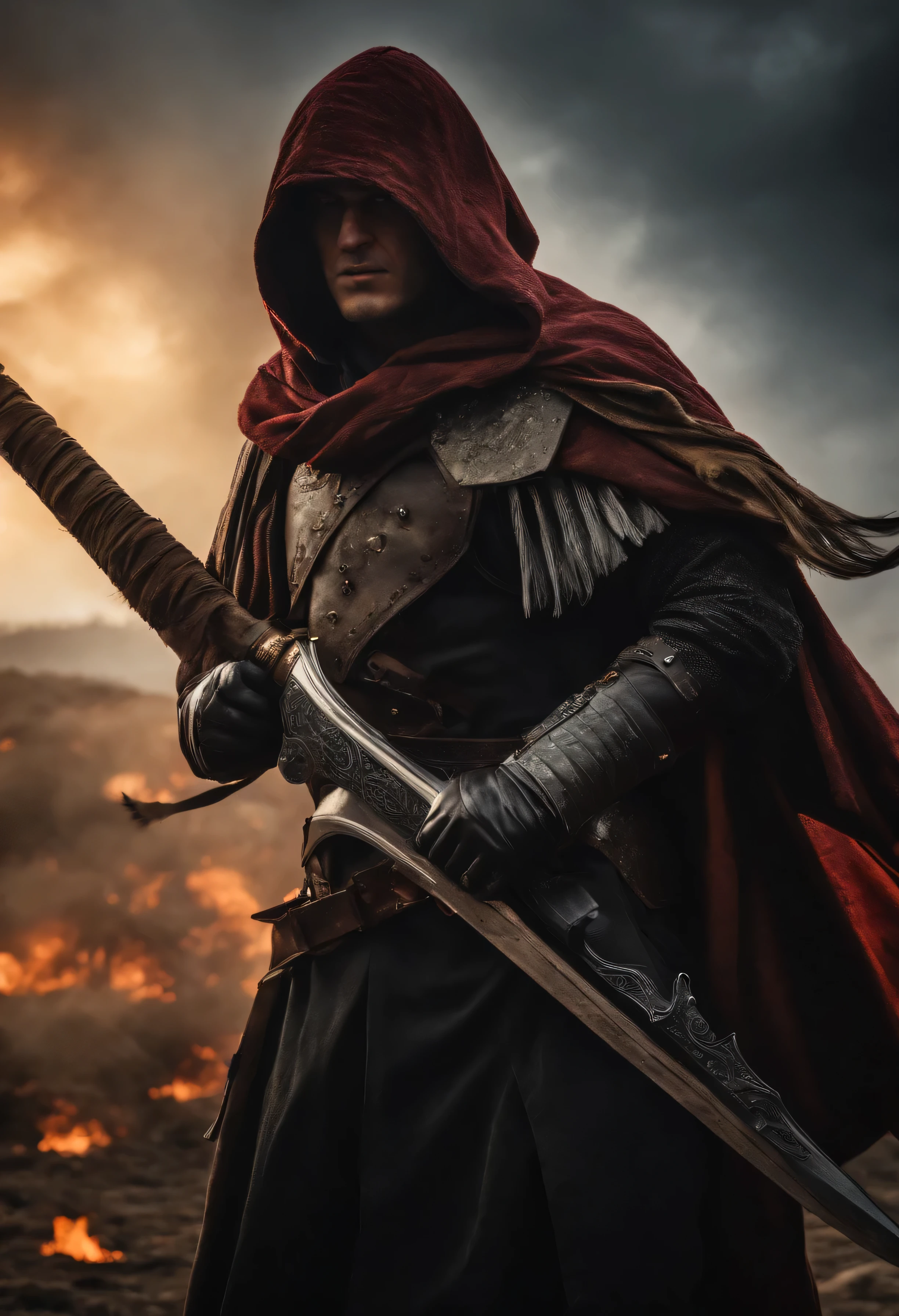 Realistic, 4k, Anjos com asas grandes, roupas pretas, uma espada, Hood on head in war background image (caos)