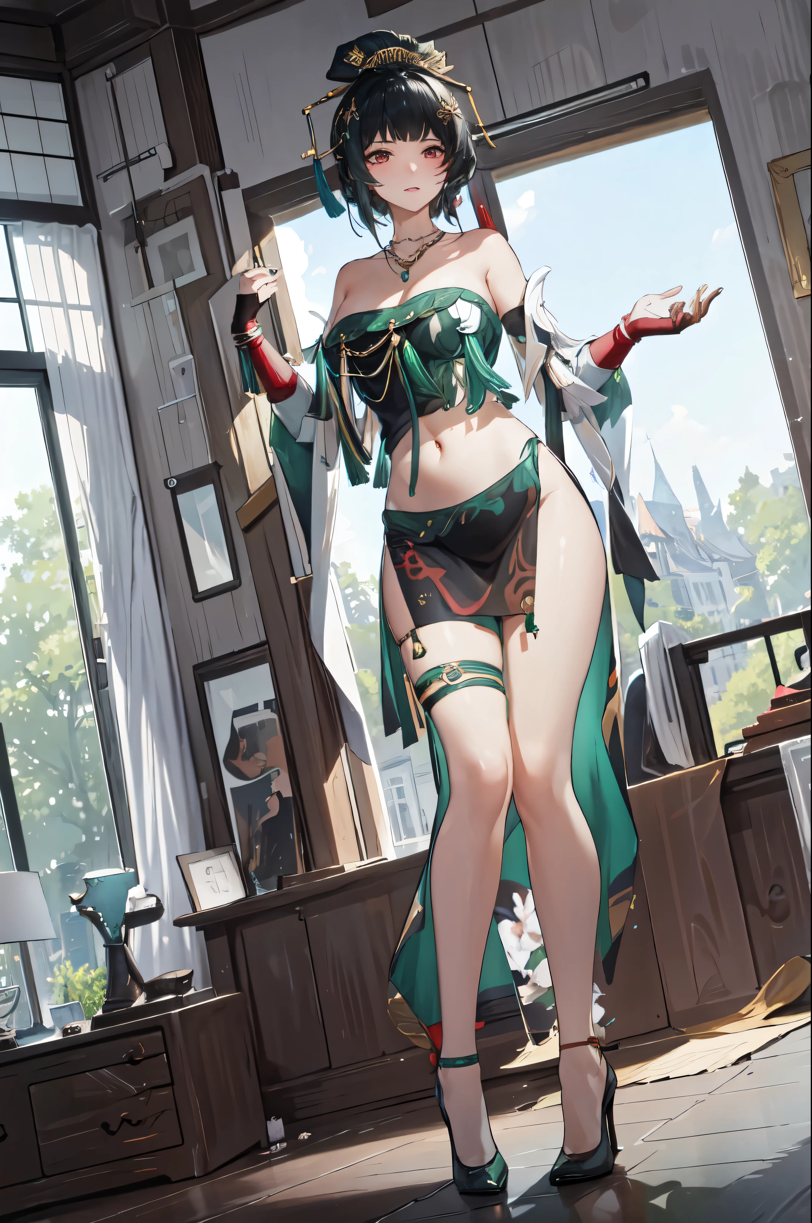 masterpiece, best quality BREAK solo, china dress, highres, 1girl, standing, (large breasts), mature female, hanying, Full body drawing, (masterpiece), (best quality), (hyperdetail), (illustration), ((extremely delicate and beautiful)), (detailed light), (prefect's body), full body drawing, Hanying, HanYing, sexy, sexy belly, sexy belly line, sexy belly button
