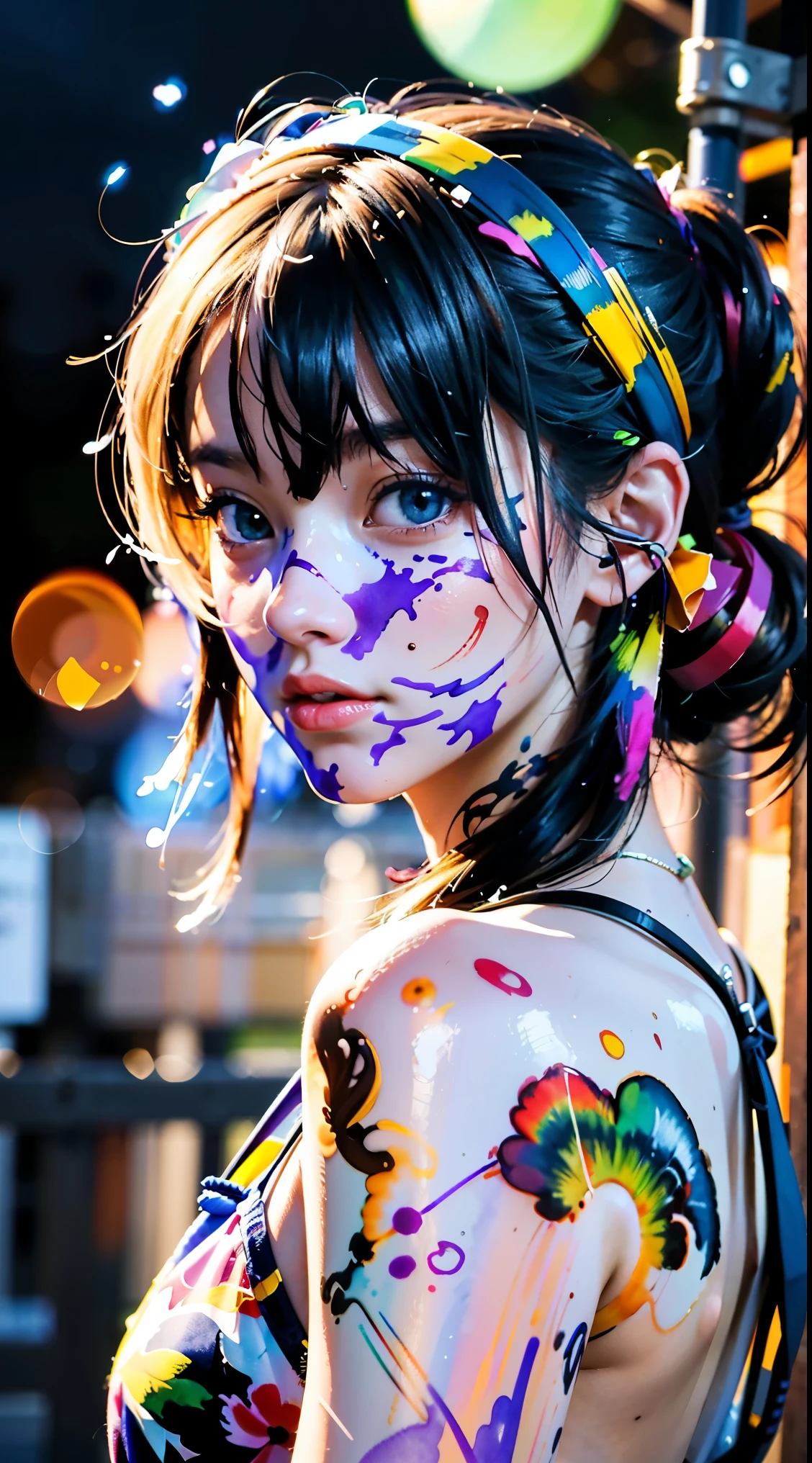 (8k, best quality, masterpiece:1.2),(best quality:1.0), (ultra highres:1.0), watercolor, a beautiful woman, shoulder, hair ribbons, by agnes cecile, half body portrait, extremely luminous bright design, pastel colors, (ink:1.3), autumn lights,