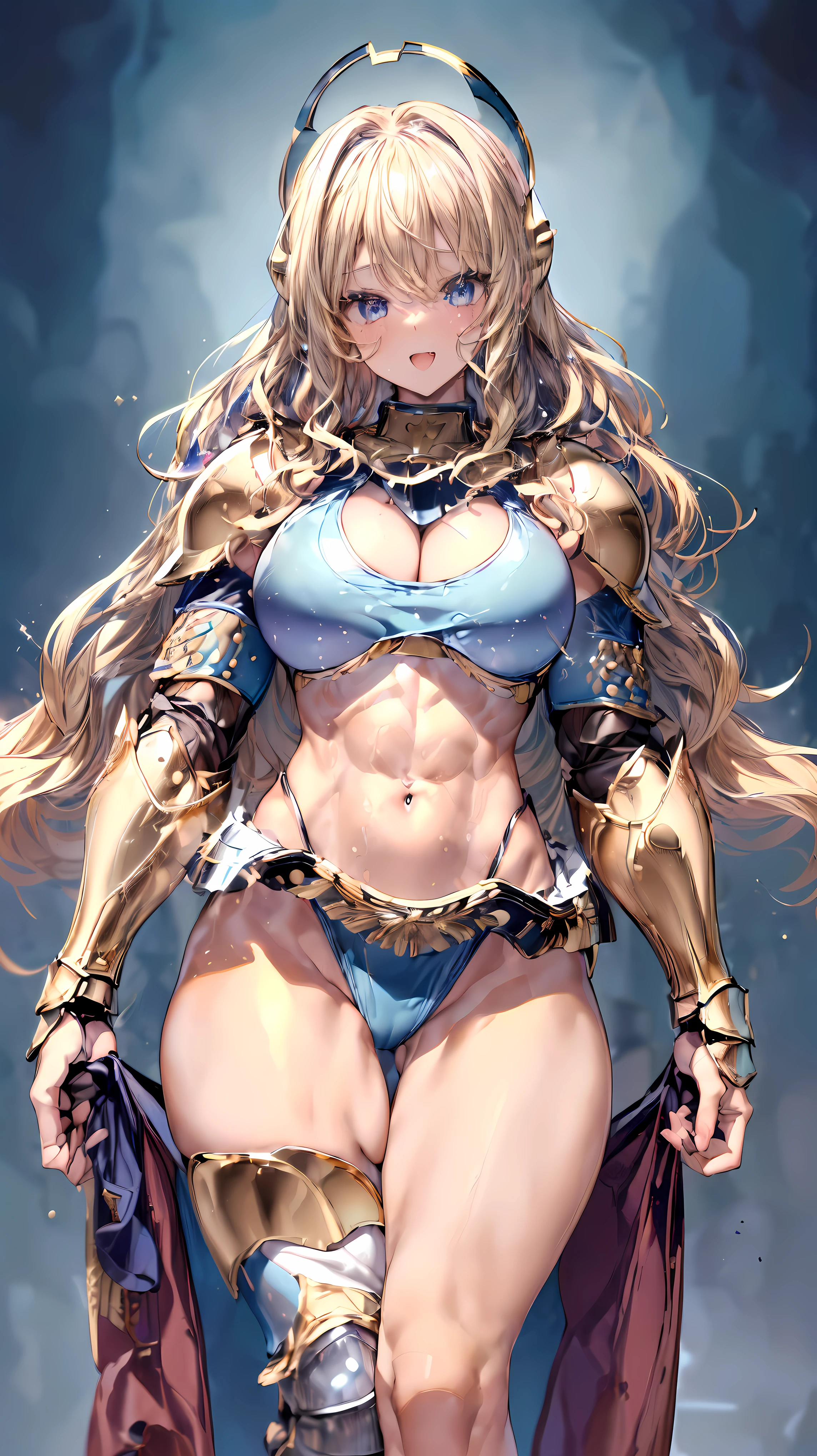 (Adult women:1.5)、Very detailed、highest quality、Best image quality、masterpiece、8k、Anime Face、A kind smile、(Open your mouth:1.5)、Sparkling blue eyes、(Blonde Wavy Hair:1.5)、、Muscles of the whole body、(High leg:1.5)、(Thigh belt:1.5)、(Wearing gold bikini armor:1.5)、(Cowboy Shot:1.5)、(Leg armor:1.5)、(Wearing a helmet:1.5)