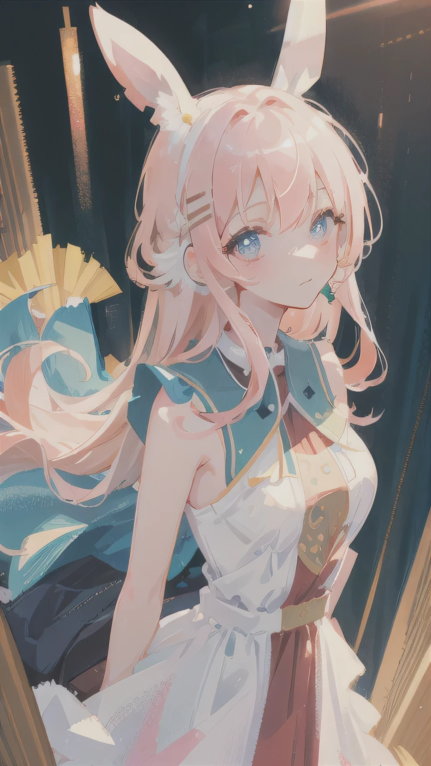 ((Best quality)), ((masterpiece)), (detailed:1.4) masterpiece, best quality, ultra-detailed, illustration,(1girl),beautiful detailed eyes, looking at viewer, close up, (breast focus), (arms behind back:1.2), pink hair, shy,Rabbit hairpins,naked
