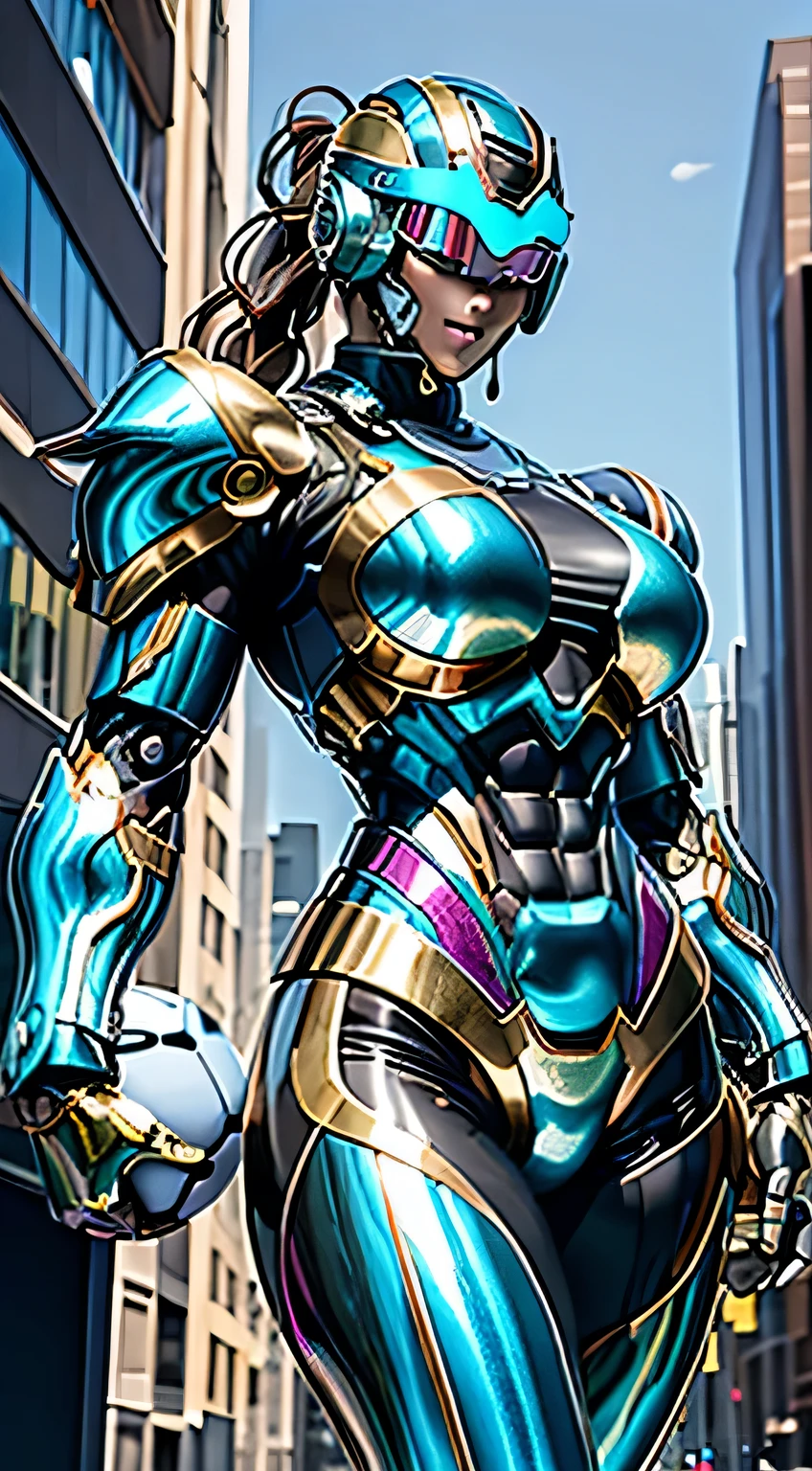 Female Robocop Solo、Bright outdoors、strong light source、8K, high quality, masterpiece, 最high quality、Very detailed、Armor that completely covers the whole body、Very large armor、Helmet covering the head、Clear photos、The eyes are hidden by thin, straight goggles:1.3、The lower half of the face is flesh:1.5、The human skin is exposed from the nose down on the face.:5.0、Luscious lips、Rainbow metallic armor、Armor that completely covers the chest、Long, slender legs、Vivid poseable body view,Big and ample breasts:1.5, (Sports Body:1.5)、Five Fingers、Photos in the city