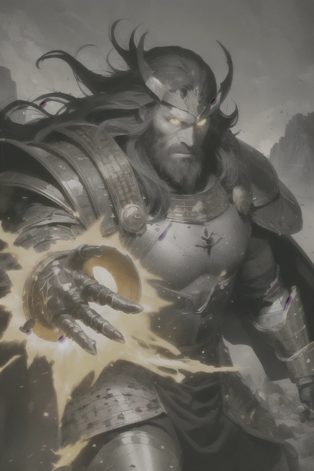 portrait of a man, wearing medieval clothing and armor, holding his hand forward and earth flowing around his hand, poor clothing, ripped clothes, leg armor, beard, yellow glowing eyes, long beard, martial artist, martial legends, gauntlets, fighter, big gauntlets, earth bender, earth magic, earth lord, yellow eyes, rocks, yellow, old, lord, armor legs, arrogant, scary, black armor, hand, yellow light, mountains background, slayer, eyes more realistic, the background people darker, more light, more sharp rocks, rocks floating, pebbles floating, pebbles, floating small rocks, close pebble floating, angry, mad, destruction, godlike figure, scars